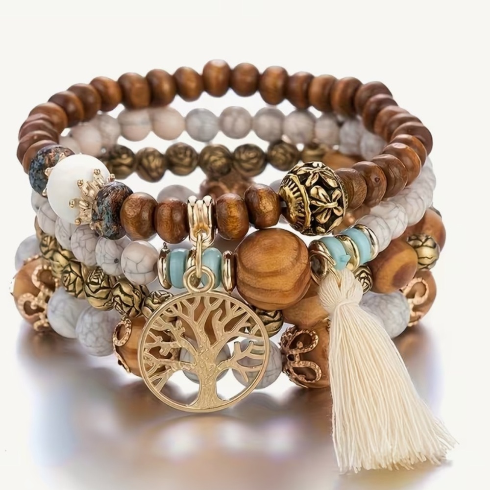 Bohemian Tree of Life Bracelet Set - Gold, Brown, White